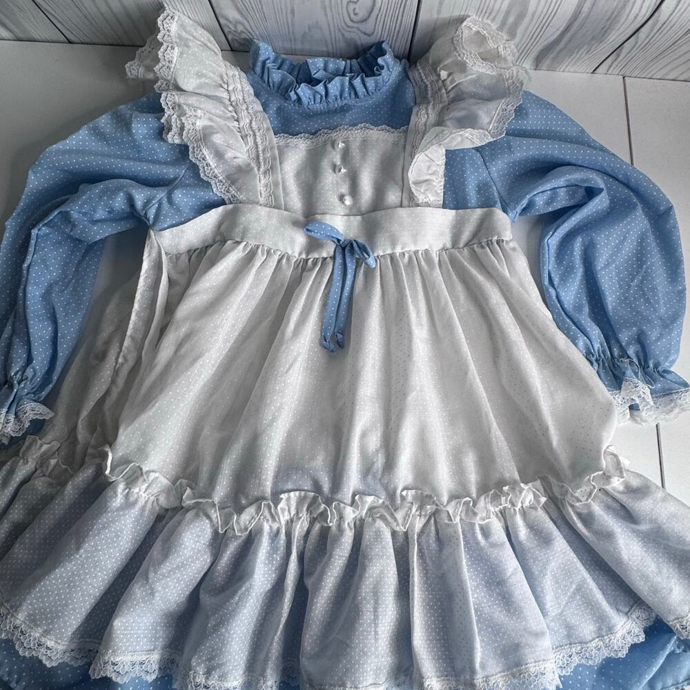 VTG Girls Prairie Dress Cottagecore Sz 5 Blue Apron Lace Alice Costume USA